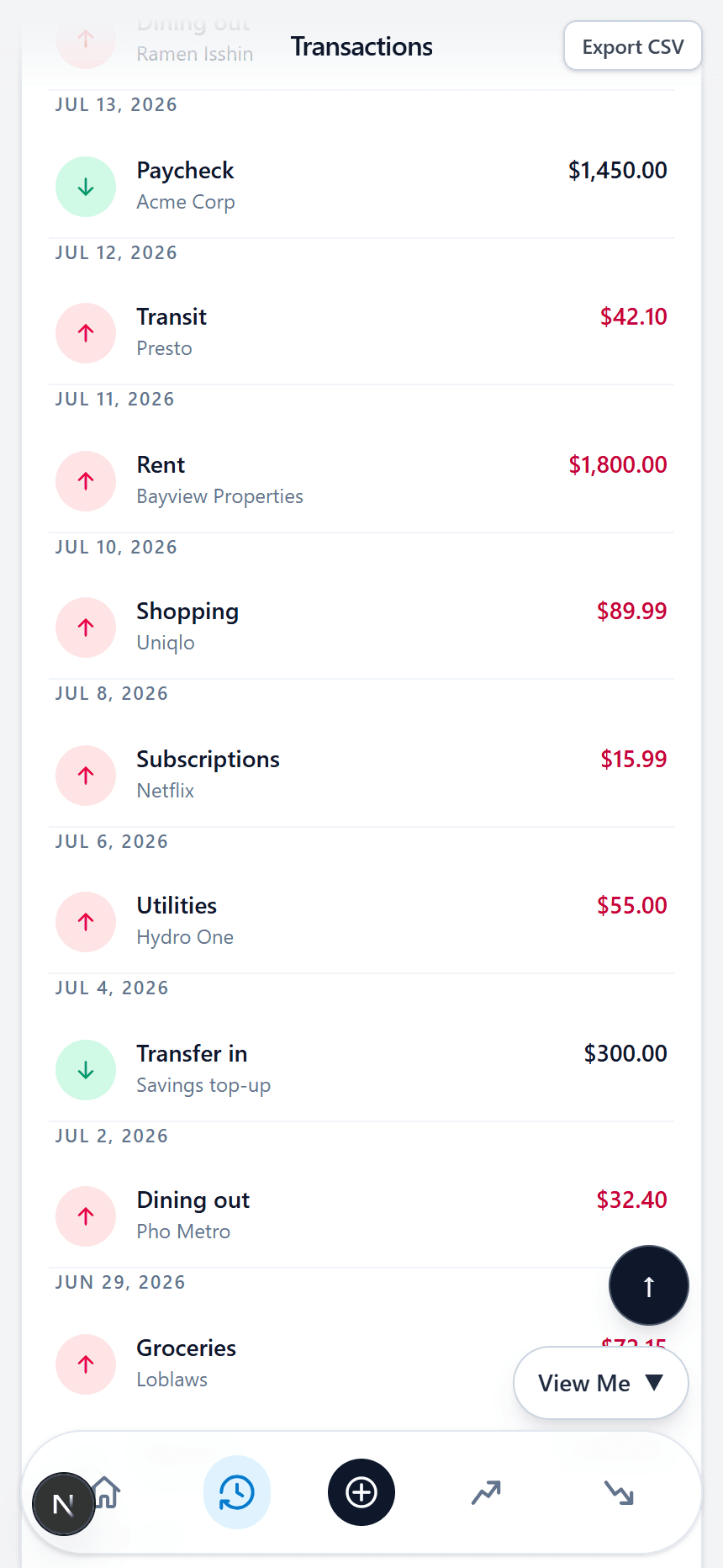 MeroWallet transaction history list, filterable by type, category, and company